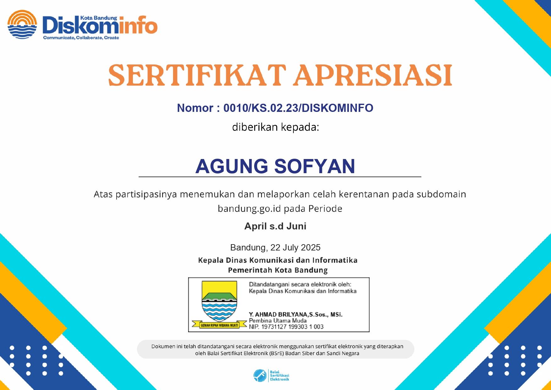 Sertifikat Apresiasi Pemkot Bandung